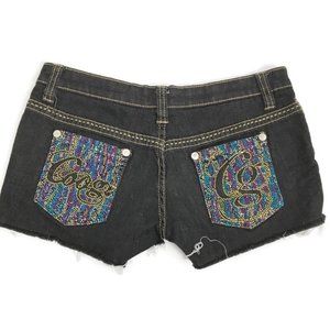 Coogi Gem Embellished Black Denim Low Rise Hot Pant Jean Shorts B3-523